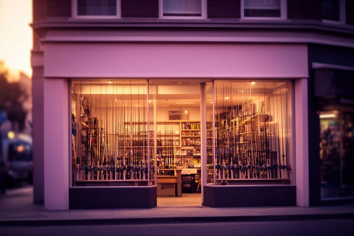 Front of a Phoenix fishing tackle shop at golden hour with a glowing interior and rows of rods visible through the glass
