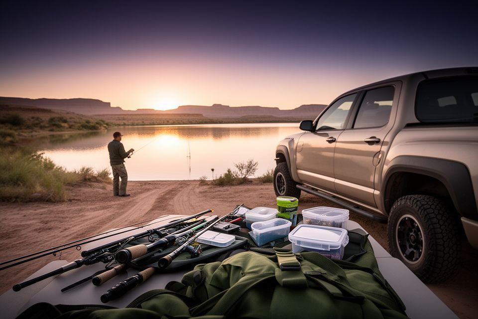 Angler scanning a calm Phoenix lake at sunrise with tackle laid out beside a truck