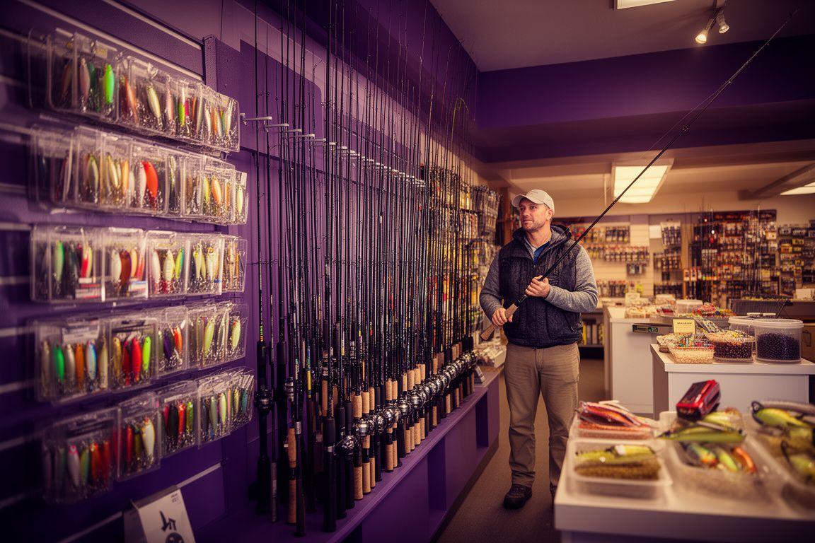 Angler standing beside a tackle wall in a Phoenix fishing shop with neatly arranged rods, lures, and soft bait on display