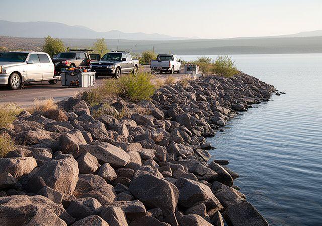 Shoreline fishing access near a Phoenix reservoir with rocky banks and parked trucks