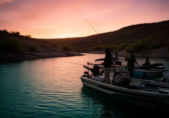 Anglers fishing from a boat near shaded coves on a desert lake at sunset