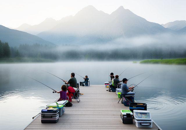 Dockside anglers casting into a stocked lake with mountain backdrop and light morning mist