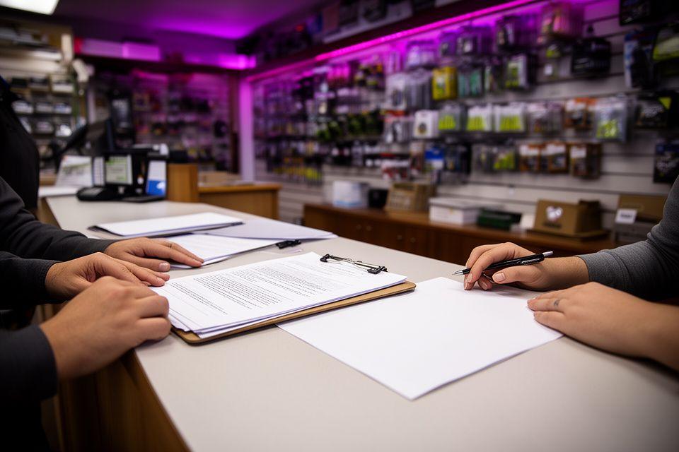 Customer service desk at a fishing store in Phoenix with policy paperwork, a clipboard, and tackle counter details