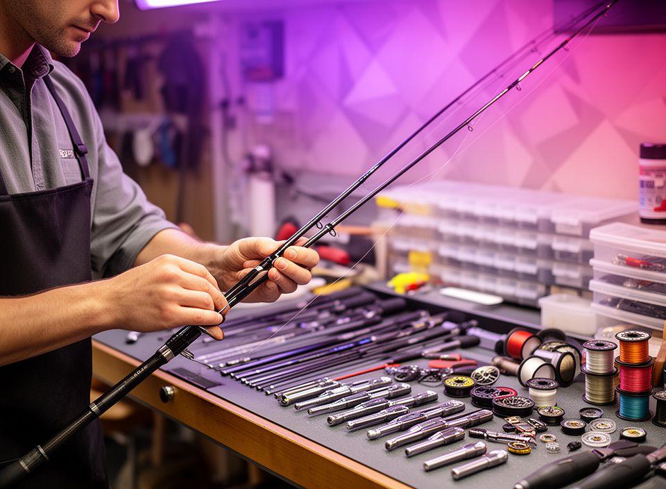 Fishing technician repairing a graphite rod beside organised tackle tools in a bright workshop