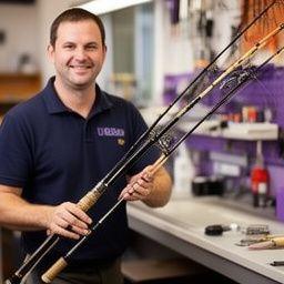 Staff member Diego Ramirez holding a repaired spinning rod beside the workshop bench