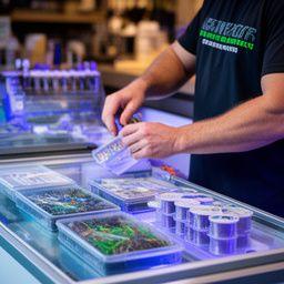 Staff member Emily Chen packing bait trays and leader spools near the live bait fridge